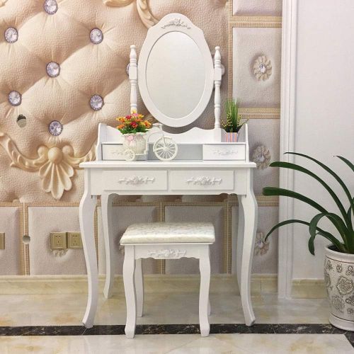  LordBee White Vanity Jewelry Drawer w/Stool Makeup Set Wood Mirror Table Led Makeup Dressing Lighted
