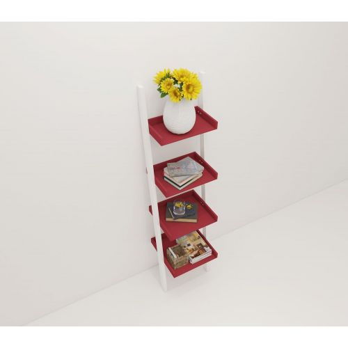  Amayo Home 4 Tier Bookcase White Ladder Shelf Unit Display Shelves Storage Shelving Leaning Bookshelf in White and Red Cherry Color. Sturdy, Modern & Multi Use for Any Rooms Indoor