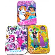 Cardinal 3 Collectible Puzzle Tins for Girls Ages 6+ - Princess & Pony Gift Set Bundle Featuring Jasmine from Aladdin, Rapunzel from Tangled, and My Little Pony Puzzles(50 Pieces Each)