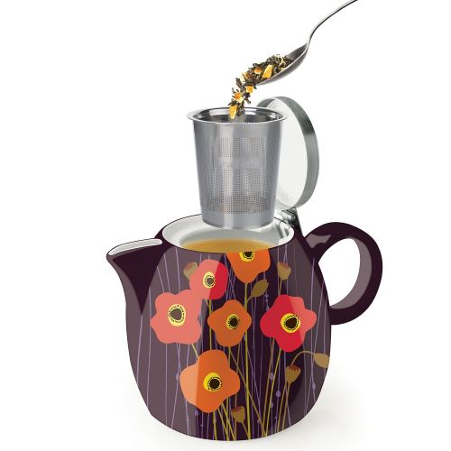  Tea Forte PUGG 24oz Ceramic Teapot with Improved Stainless Tea Infuser, Loose Leaf Tea Steeping For Two, Poppy Fields