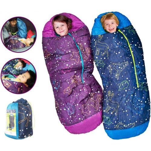  AceCamp Kids Toddler Nap Glow-in-The-Dark Sleeping Bag Blue Purple Mummy Style 30F -1C Head Bundle Bottom Seal Enclosed Pocket Boys Girls-Best Gift Christmas Birthday