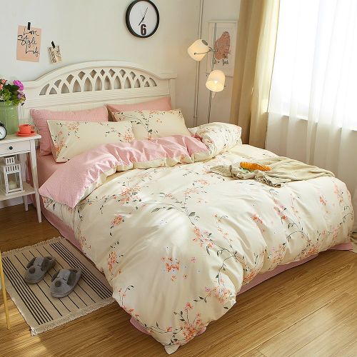  Tatung BuLuTu Modern Floral Girls Bedding Duvet Cover Twin Creamy-White Pink with Fitted Sheet,Hypoallergenic Natural Branch Kids Bedding Twin Cotton Zipper Closure for Teen,No Comforter