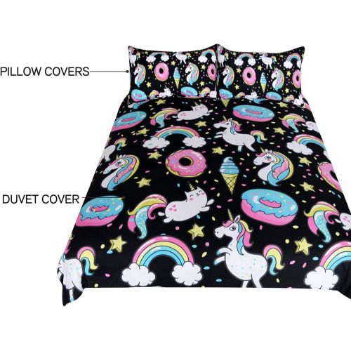  [아마존베스트]ARIGHTEX Chubby Unicorn Bedding Kids Girls Cute Unicorn in Rainbow Sprinkles Donut Pattern Duvet Cover 3 Piece College Dorm Sweet Bed Sets (Twin)