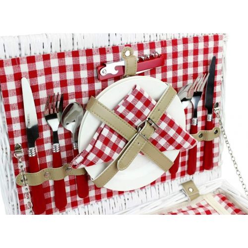  INNO STAGE Romantic Wicker Picnic Basket for 2 Persons, Special White Washed Willow Hamper Set with Big Insulated Cooler Compartment, Picnic Blanket and Cutlery Service Kit for Tha