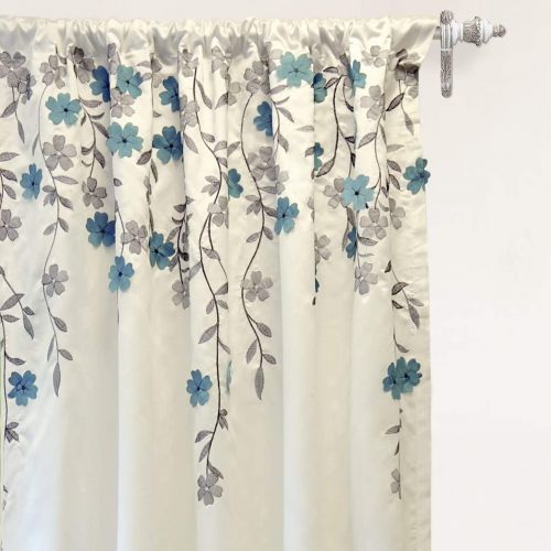  DriftAway Isabella Embroidered Room Darkening Window Curtain, Embroidered Crafted Flower, Set of 2, 50x84 (IvoryBlue)