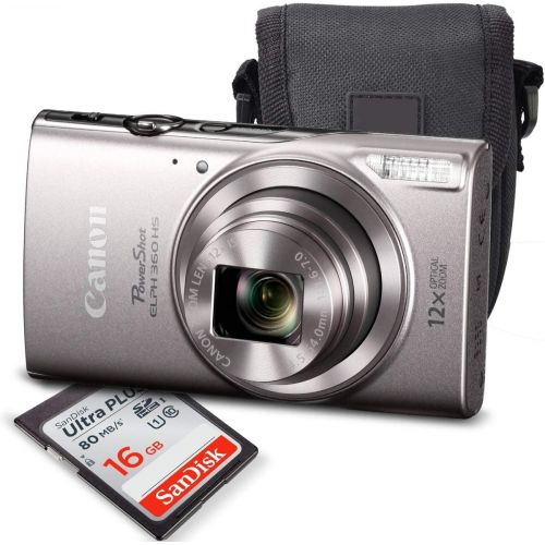 캐논 Canon PowerShot ELPH 360 HS (Silver) with 12x Optical Zoom and Built-In Wi-Fi with Deluxe Starter Kit Including 16 GB SDHC Class10 + Extra battery + Protective Camera Case