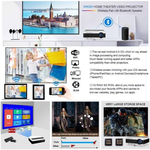  WIKISH Wireless HDMI Projector 1080P 3500 Lumens, Home Theater 2018 Smart Android LCD LED Multimedia Video Projectors Outdoor WiFi Proyector for Laptop Smartphone USB TV Stick PS4 Wii Xbo