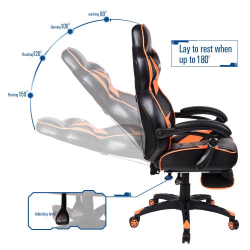  Yourlite Office Racing Video Gaming Chair Ergonomic Swivel PU Leather Bucket Seat High Back Chair Footrest Padding Lumbar Support Headrest (Blue)