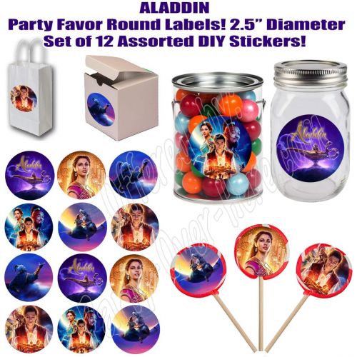  Party Over Here Aladdin Movie Stickers, Large 2.5” Round Circle DIY Stickers to Place onto Party Favor Bags, Cards, Boxes or Containers -12 pcs Alladin Princess Jasmine Jafar Genie Magic Lamp