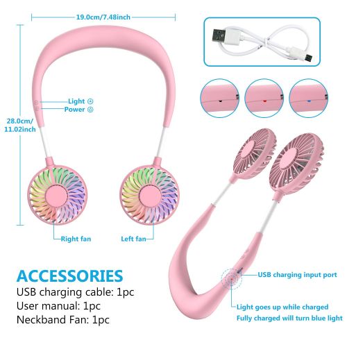  WOWGO Hand Free Mini USB Personal Fan - Rechargeable Portable Headphone Design Wearable Neckband Fan，3 Level Air Flow，7 LED Lights，360 Degree Free Rotation Perfect for Sports, Office and