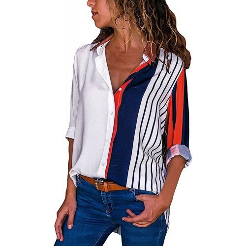  WWricotta Womens Casual Long Sleeve Color Block Stripe Button T Shirts Tops Blouse(,)