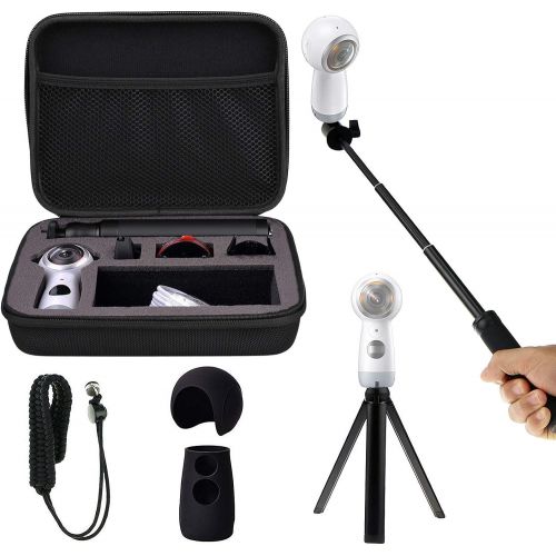  Shockproof Protective Carrying Case, Selfie Stick Monopod, Mini Tripod Stand, Soft Silicone Skin, Wrist Strap for Samsung Gear 360 2017, EEEKit All in One Accessory Kit (All in 1 K