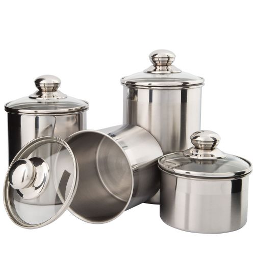  Beautiful Canisters Sets for the Kitchen Counter, Small Sized, 4-Piece Stainless Steel with Glass Lids and 20 ml Measuring Scoop - SilverOnyx Tea Coffee Sugar Canisters - 4pc Glass