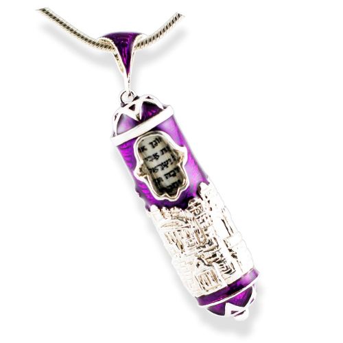  Enamel Jewelry Boutique Mezuzah Necklace Jerusalem w Hamsa, Enameled Purple Pendant w Scroll, Jewish Jewelry For Women, Bat Mitzvah Girl Gift, Judaica Protective Pendant w Prayer, Jewish Faith Gift