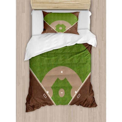  Lunarable Boys Room Duvet Cover Set Twin Size, American Baseball Field with White Markings Painted on Grass Print, Decorative 2 Piece Bedding Set with 1 Pillow Sham, Lime Green Cho