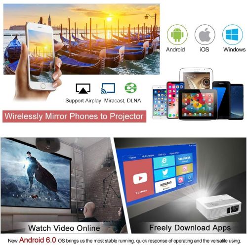  WIKISH Android Projector 3600 lumens, Wireless WiFi Projector Full HD 1080p Support, LCD Led Video Home Theater Cinema Beamer with HDMI VGA USB AV TV Ports, Android System for Macbook iPh