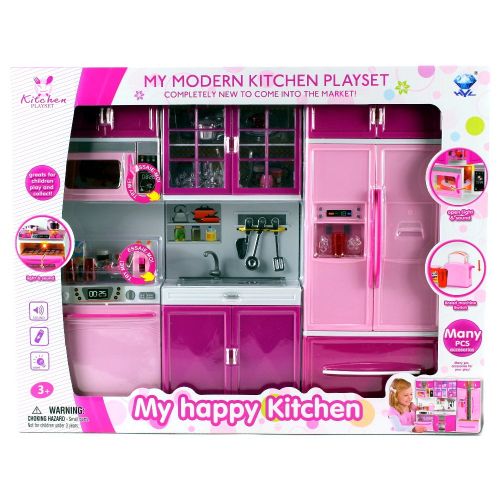  Velocity Toys My Happy Kitchen Dishwasher Sink Refrigerator Battery Operated Toy Doll Kitchen Playset w/ Lights, Sounds, Perfect for Use with 11-12 Tall Dolls