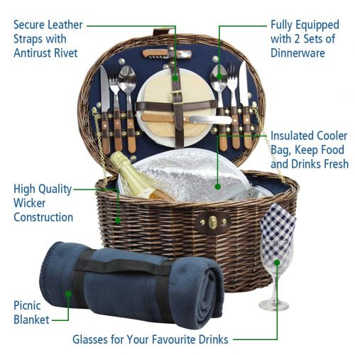  HappyPicnic Unique Willow Picnic Basket for 2 Persons, Natural Wicker Picnic Hamper with Service Set and Insulated Cooler Bag - Best Gifts for Father Mother