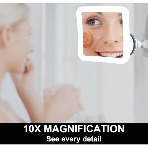  Fancii 10X Magnifying Lighted Makeup Mirror - Daylight LED Vanity Mirror - Compact, Cordless, Locking Suction, 6.5 Wide, 360 Rotation, Portable Illuminated Bathroom Mirror (Square)