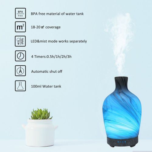  LUXSHOP SUNPIN Essential Oil Diffuser, 100ml Glass Marble Aromatherapy Diffuser Ultrasonic Cool Mist Humidifier with Color LED Lights Changing and Waterless Auto Shut-off for Bedroom Offic