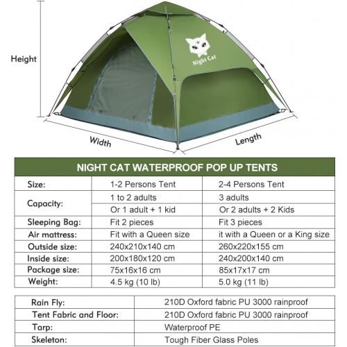  Night Cat Waterproof Camping Tent for 1 2 3 4 Person with Footprint Tarp Easy Instant Pop Up Tent Automatic Hydraulic Rainproof Tent with Rain Fly