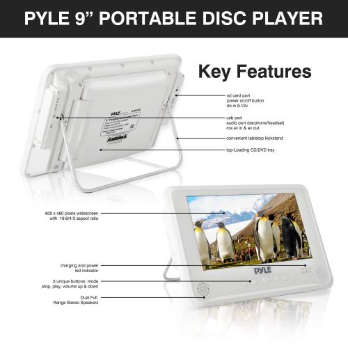  Pyle Portable Waterproof Multimedia Disc Player - 9inch Screen White Digital Audio Video Player w Dual Stereo Speakers, CD DVD Tray, RCA, USB, Rechargeable Battery, Headphone, Remote -