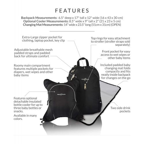  Rio Diaper Backpack with Baby Bottle Cooler and Changing Mat, Shoulder Baby Bag, Food Cooler, Clip to Stroller (Black/Black) - Obersee