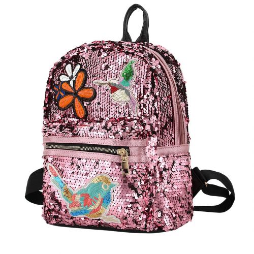  Candice Women Shiny Sequins PU Leather Shoulder Bag Satchel Backpack School Bag(Pink)