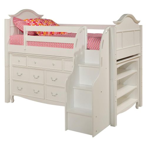  Bolton Furniture 9881500LS8320SB Emma Low Loft Storage Bed with Stairs, 7 Drawer Dresser and Three Shelf Bookcase, White