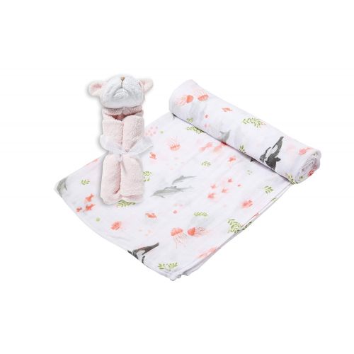  Angel Dear Swaddle and Blankie Gift Set, Dolphin with Pink Bulldog