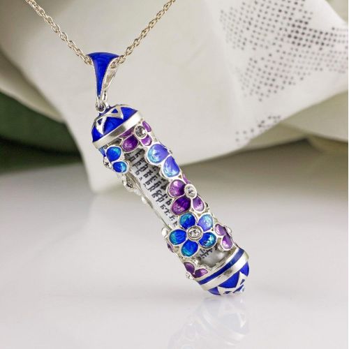  Enamel Jewelry Boutique Mezuzah Necklace Purple Blue Flower Field, Judaica Jewelry for Women, Jewish Pendant Sterling Silver Jewelry Bat Mitzvah Gift for Girl, Enameled Necklace w Hebrew Scroll