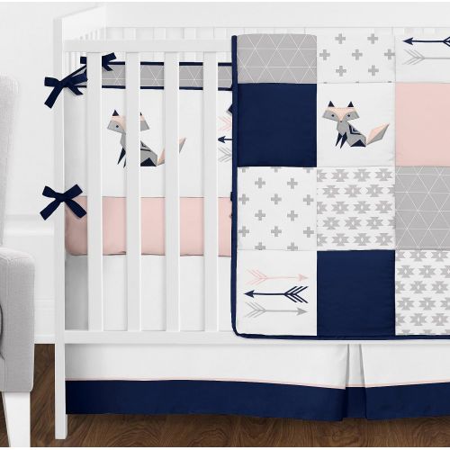  Sweet Jojo Designs 9-Piece Navy Blue, Pink, and Grey Patchwork Woodland Fox and Arrow Baby Girl Crib Bedding Set with Bumper by