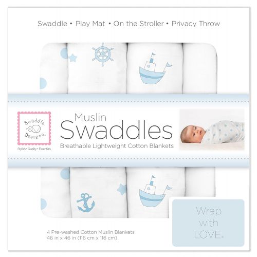  SwaddleDesigns Cotton Muslin Swaddle Blankets, Set of 4, Pastel Blue Nautical Ships Ahoy!