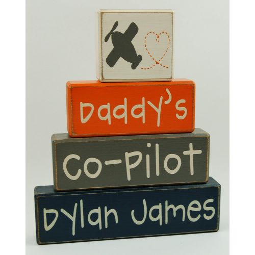 Blocks Upon A Shelf Daddys Co-Pilot - Custom Personalized Name-Airplane Decor - Primitive Country Distressed Wood Stacking Sign Blocks-Boys Room-Nursery Room-Baby Shower Centerpiece-Birthday Home Deco