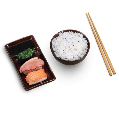  Urban Lifestyle Sushi Set Misaki Dunkelrot fuer Zwei Personen, 2 Sushi-Teller, 2 Schalen aus Keramik, 2 Paar Essstabchen aus Bambus