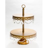 Pooqla Opulent Treasures Two Tiered Chandelier Cake Plate, Dessert Stand Round Metal Crystal Dangles Dessert Stand (Bronze Gold)