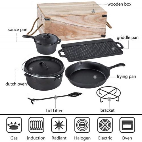  Bruntmor Pre-Seasoned 7 Piece Heavy Duty Cast Iron Dutch Oven Camping Cooking Set with Vintage Carrying Storage Box