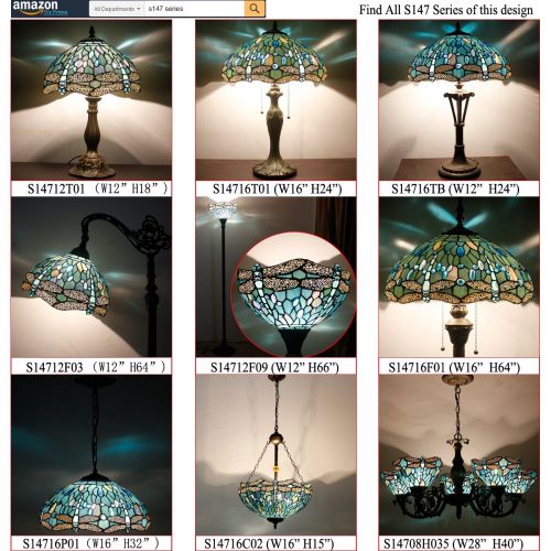  WERFACTORY Tiffany Style Floor Standing Lamp 64 Inch Tall Sea Blue Stained Glass Shade Crystal Bead Dragonfly 2 Light Antique Base for Bedroom Living Room Reading Lighting Table Set S147 WERF