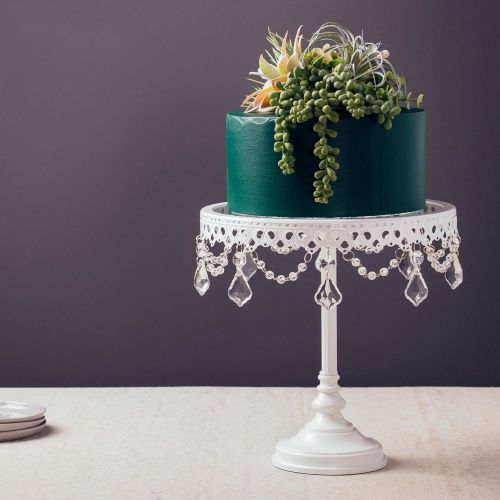  Amalfi Decor Metal Cake Dessert Stand with Glass Surface Plates, Crystal Beads and Dangles, 10 Diameter Plate (White)