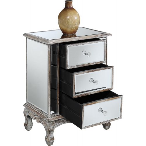  Convenience Concepts Gold Coast Vineyard 3 Drawer Mirrored End Table, Weathered White / Mirror