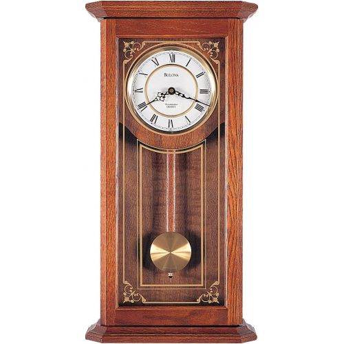  Bulova C3375 Solid Oak Case with Metal Dial Cirrus Chiming Wall Clock