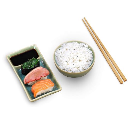  Urban Lifestyle Sushi Set Misaki Tuerkis fuer Zwei Personen, 2 Sushi-Teller, 2 Schalen aus Keramik, 2 Paar Essstaebchen aus Bambus