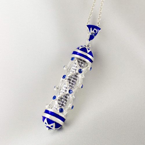  Enamel Jewelry Boutique Judaica Mezuzah Chai Necklace w Shemah Sterling Silver Reticulated Net Pendant w Sapphire Blue Crystals Jewish Jewelry for MenWomen BarBat Mitzvah Gift
