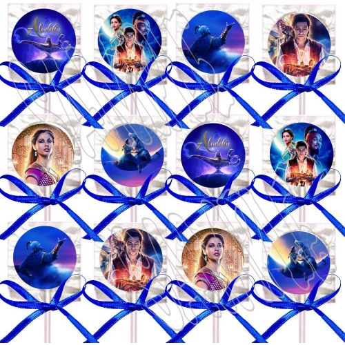  Aladdin Movie Lollipops Party Favors Decorations w/ Royal Blue Ribbon Bows Party Favors -12 pcs, Alladin Princess Jasmine Jafar Genie Magic Lamp