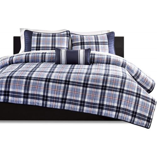  Mi-Zone Elliot FullQueen Size Teen Boys Quilt Bedding Set - Navy, Plaid  4 Piece Boys Bedding Quilt Coverlets  Peach Skin Fabric Bed Quilts Quilted Coverlet