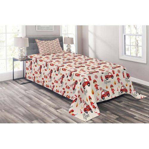  Lunarable Fire Truck Coverlet, Little Boys and Girls in Uniforms Fire Fighters Theme Career Profession Pattern, 2 Piece Decorative Quilted Bedspread Set with 1 Pillow Sham, Twin Si