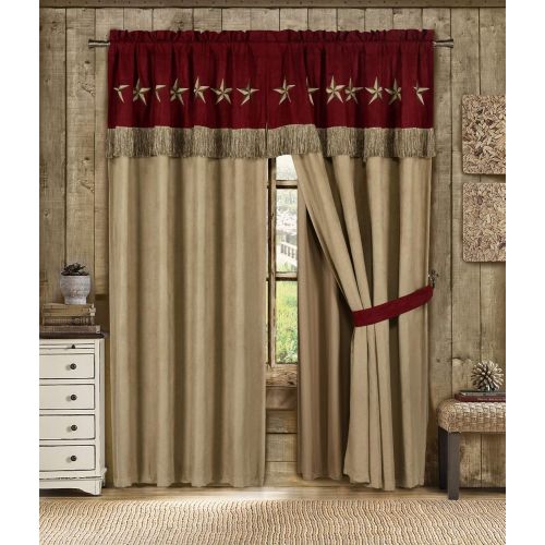  Chezmoi Collection 4 Pieces Western Star Embroidery Design Microsuede Window CurtainDrape Set Sheer Backing,Tassels, Valance (Curtain Set, BrownCoffee)