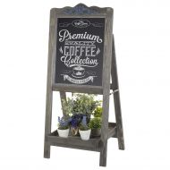 MyGift Rustic Graywashed Wooden Easel Chalkboard Sign with Plant Shelf