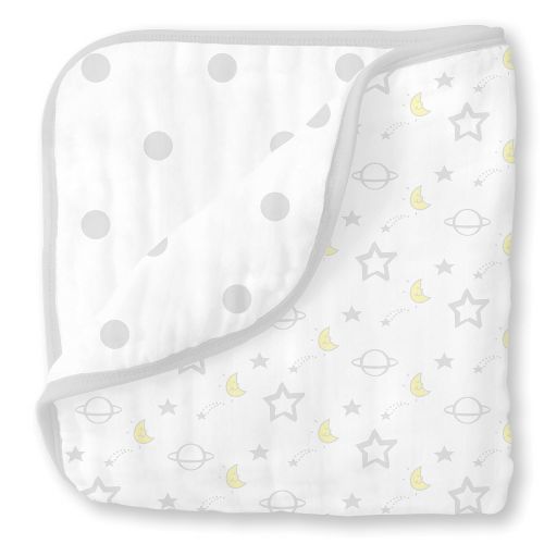  SwaddleDesigns 4-Layer Cotton Muslin Luxe Blanket, Cuddle and Dream, Sterling Goodnight and Dots