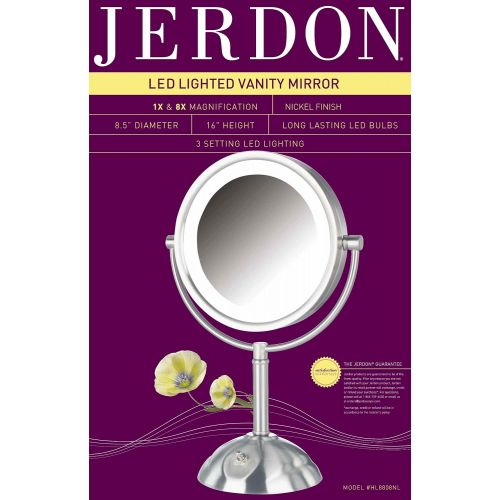  Jerdon HL8808NL 8.5-Inch Tabletop Two-Sided Swivel LED Lighted Vanity Mirror with 8x Magnification, 3-Light Settings, Nickel Finish